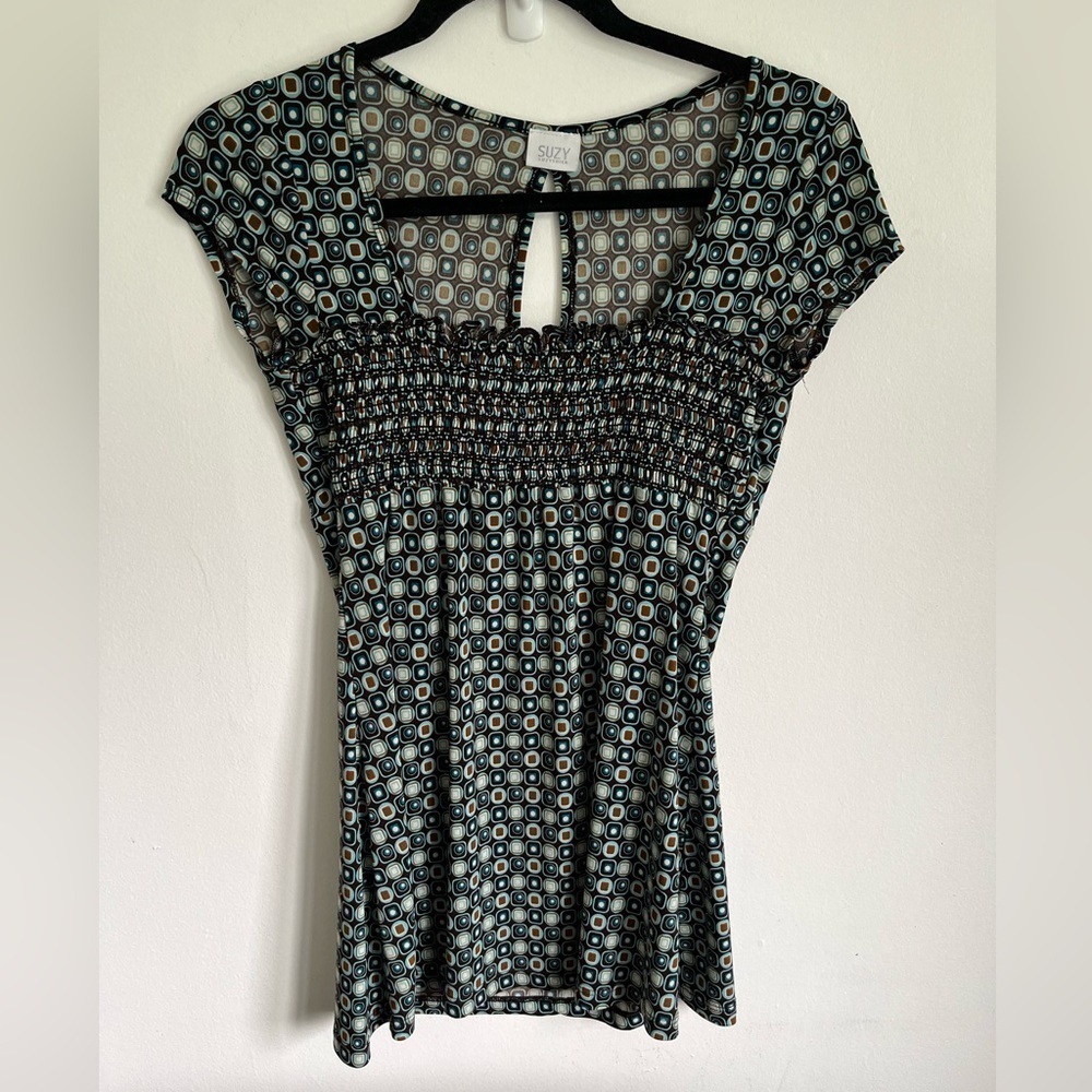 Vintage Y2K Suzy Shier Babydoll Squareneck Short Sleeve Top Brown Blue Small